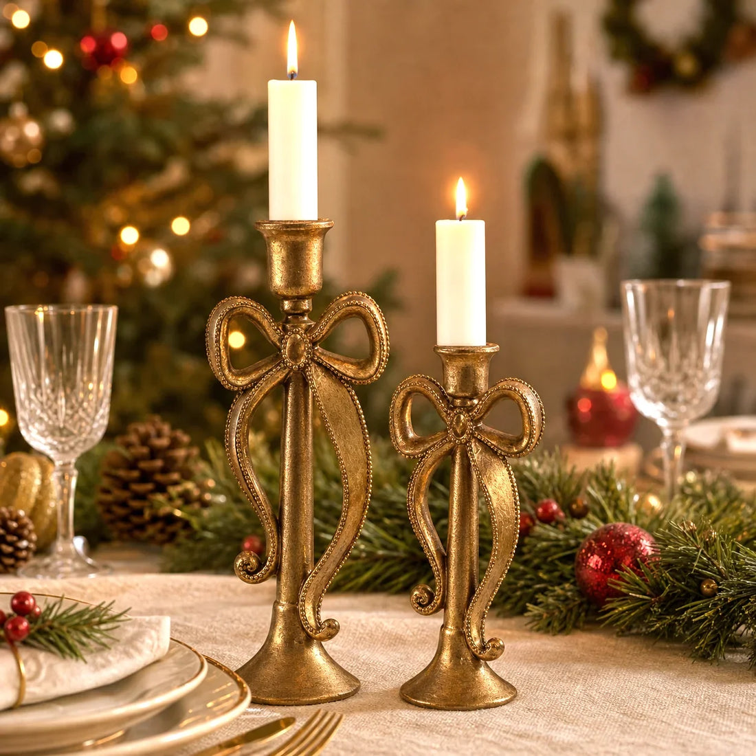 Two Theatre gold candle holders with bow details on a festive Christmas dinner table.