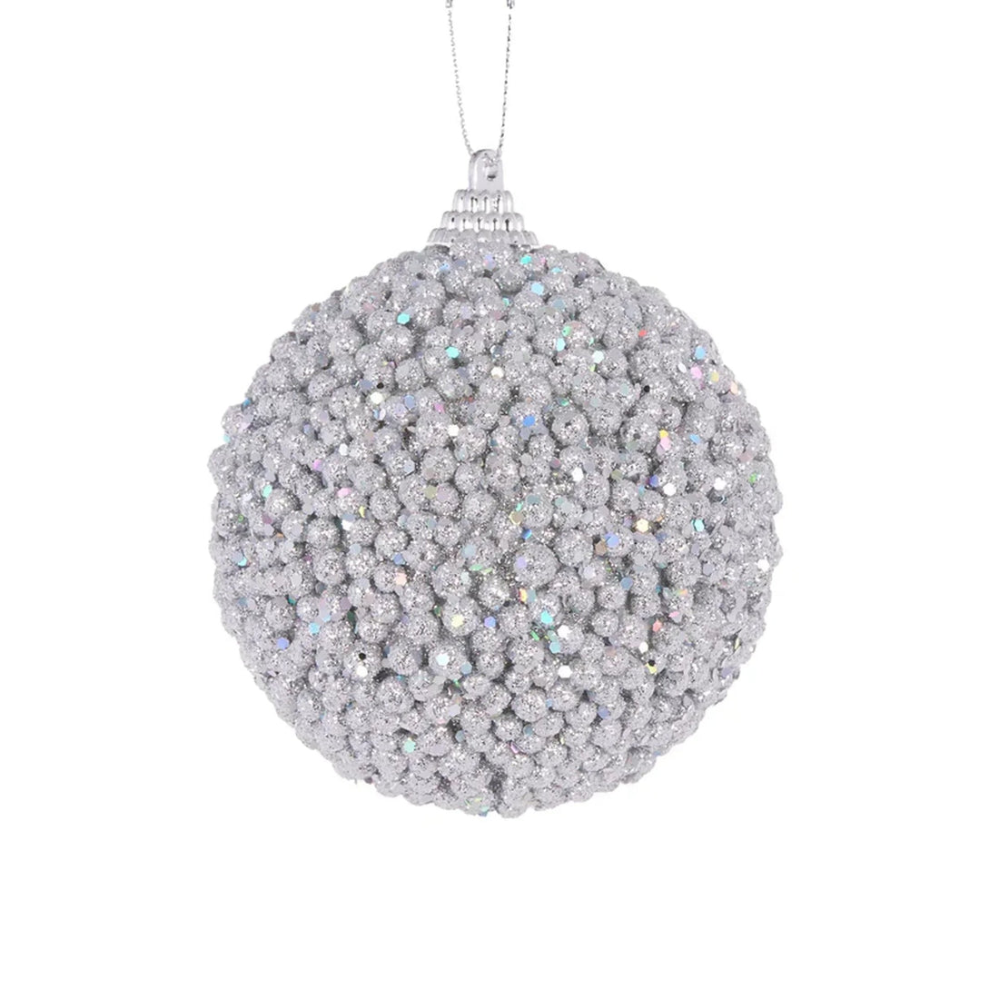 Sparkling silver glitter Christmas ornament with iridescent beads, perfect for festive home décor and holiday tree styling.