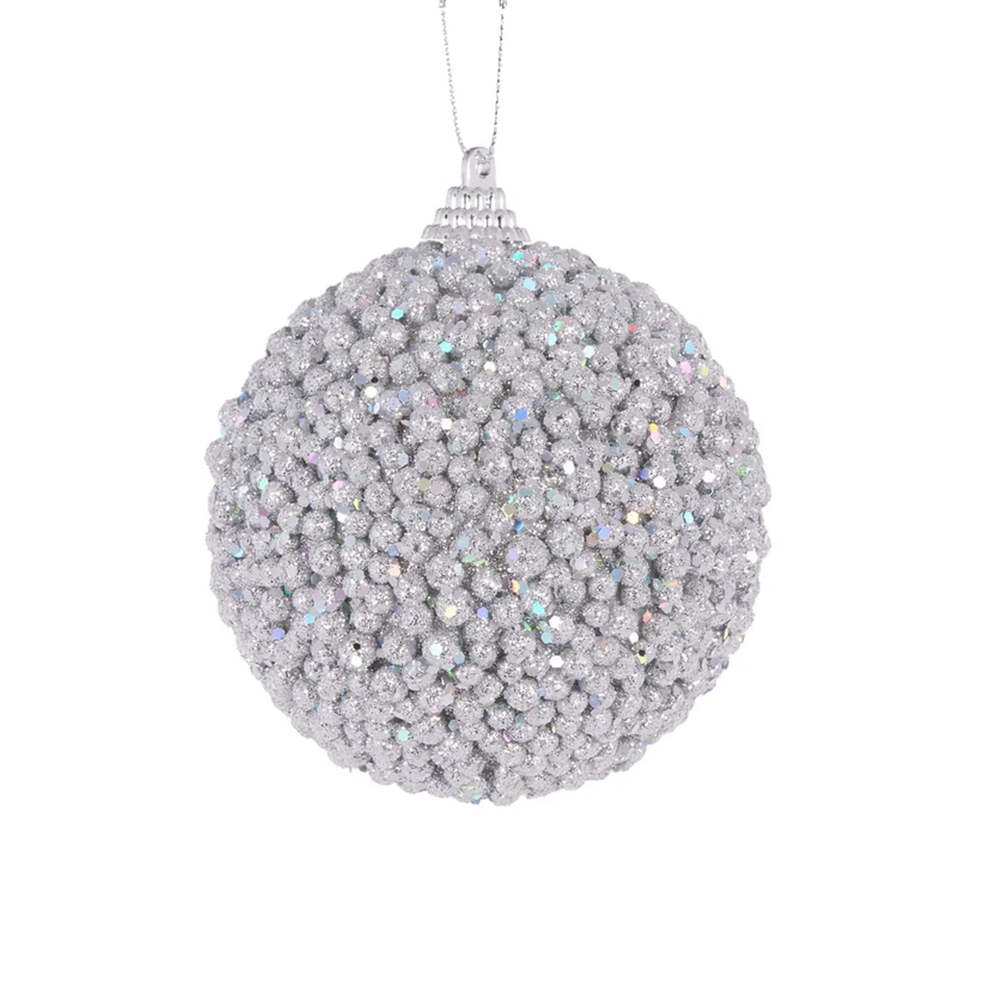 Sparkling silver glitter Christmas ornament with iridescent beads, perfect for festive home décor and holiday tree styling.