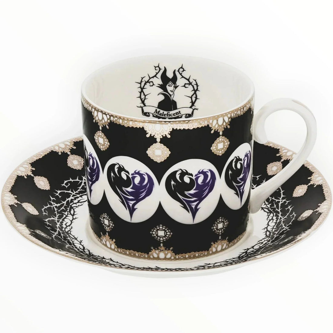Maleficent-themed teacup and saucer with black, purple, and gold gothic design, featuring villain portrait and thorn motifs.