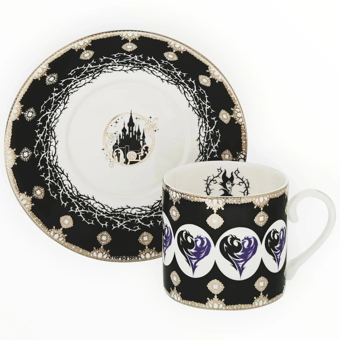 Maleficent-themed black and gold mug and plate set with castle and thorn designs, elegant home décor