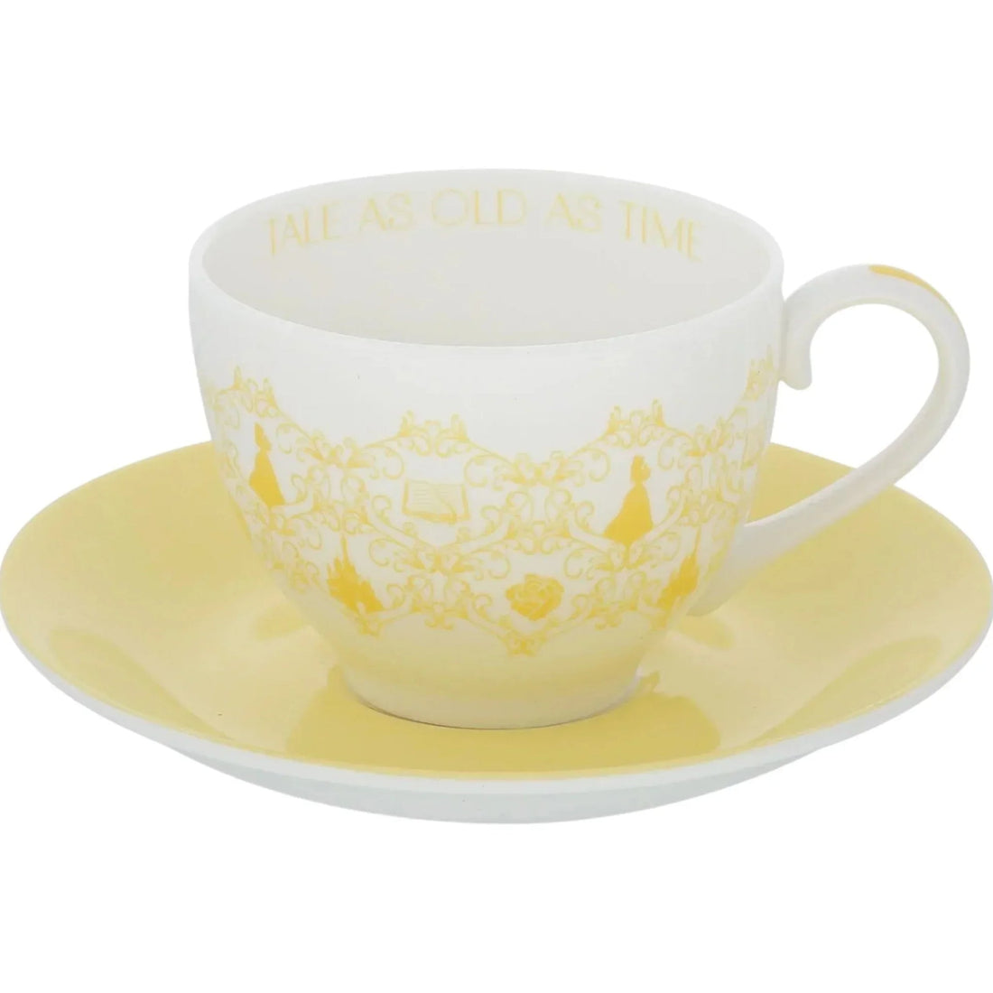 Elegant white teacup with gold 'Tale As Old As Time' script and ornate design, paired with yellow saucer