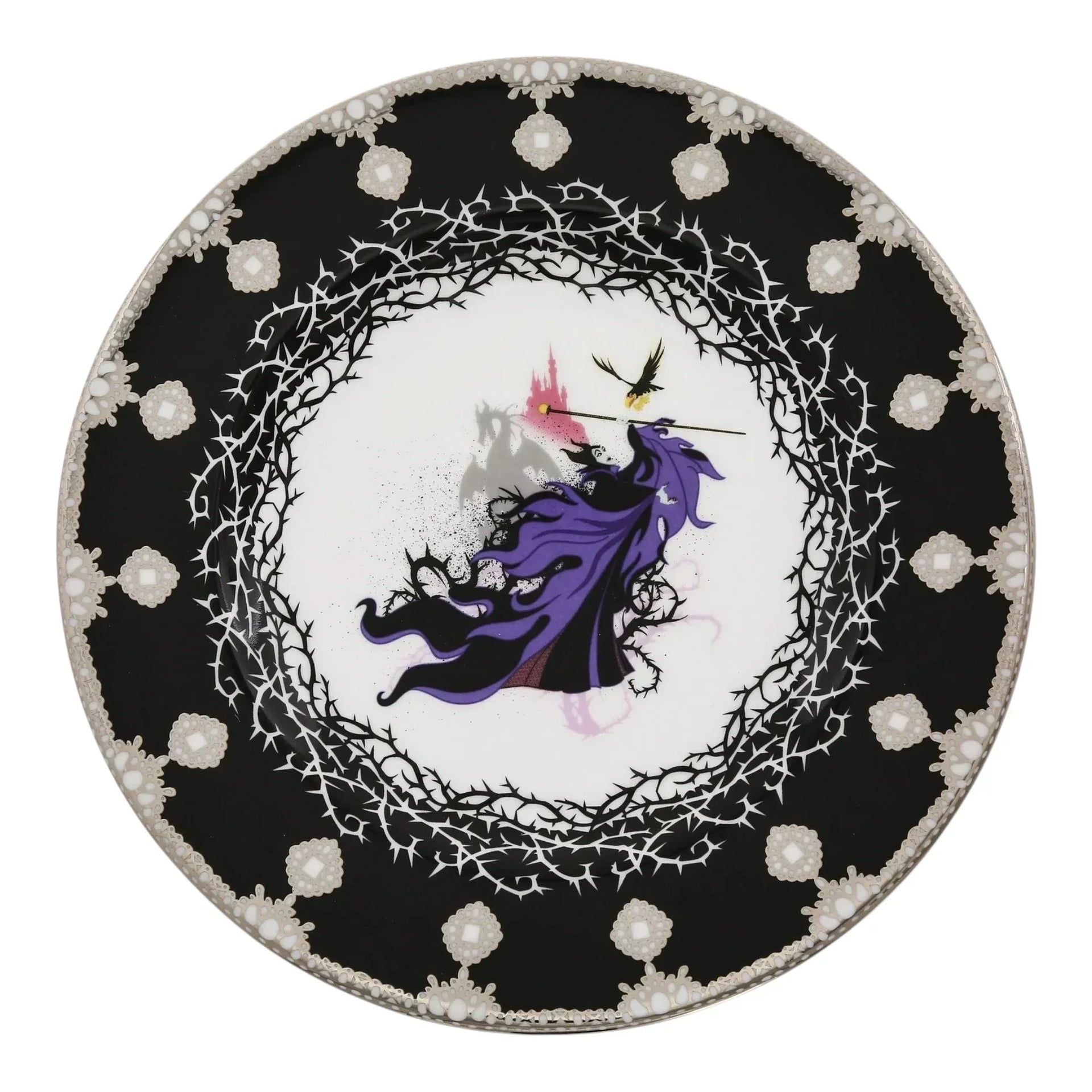 Maleficent-themed decorative plate with thorn border, purple cape design, and castle scene for home décor