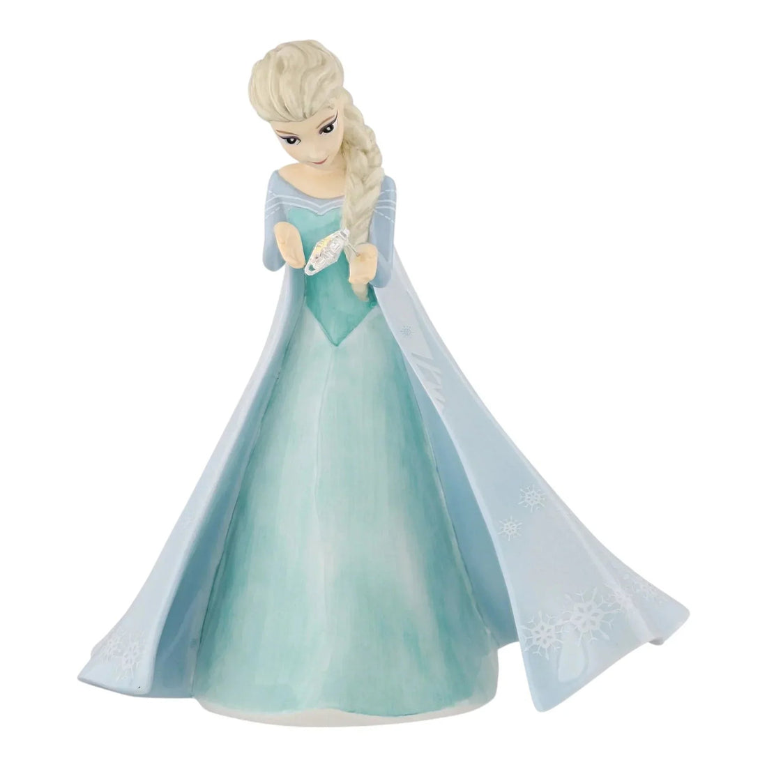 Elsa figurine in blue gown with snowflake cape, home décor collectible