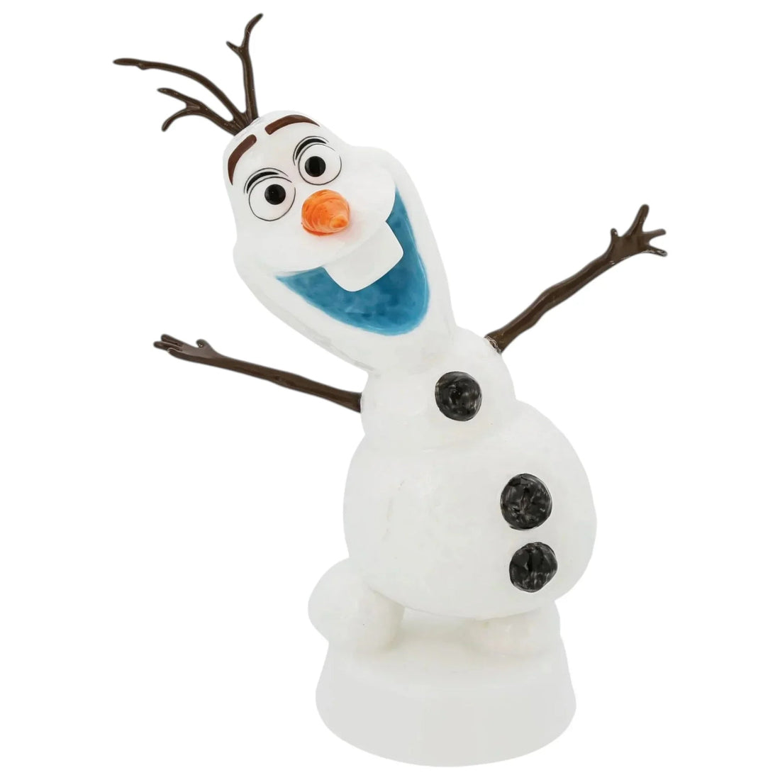 Olaf snowman figurine with twig arms, carrot nose, and cheerful smile for home décor