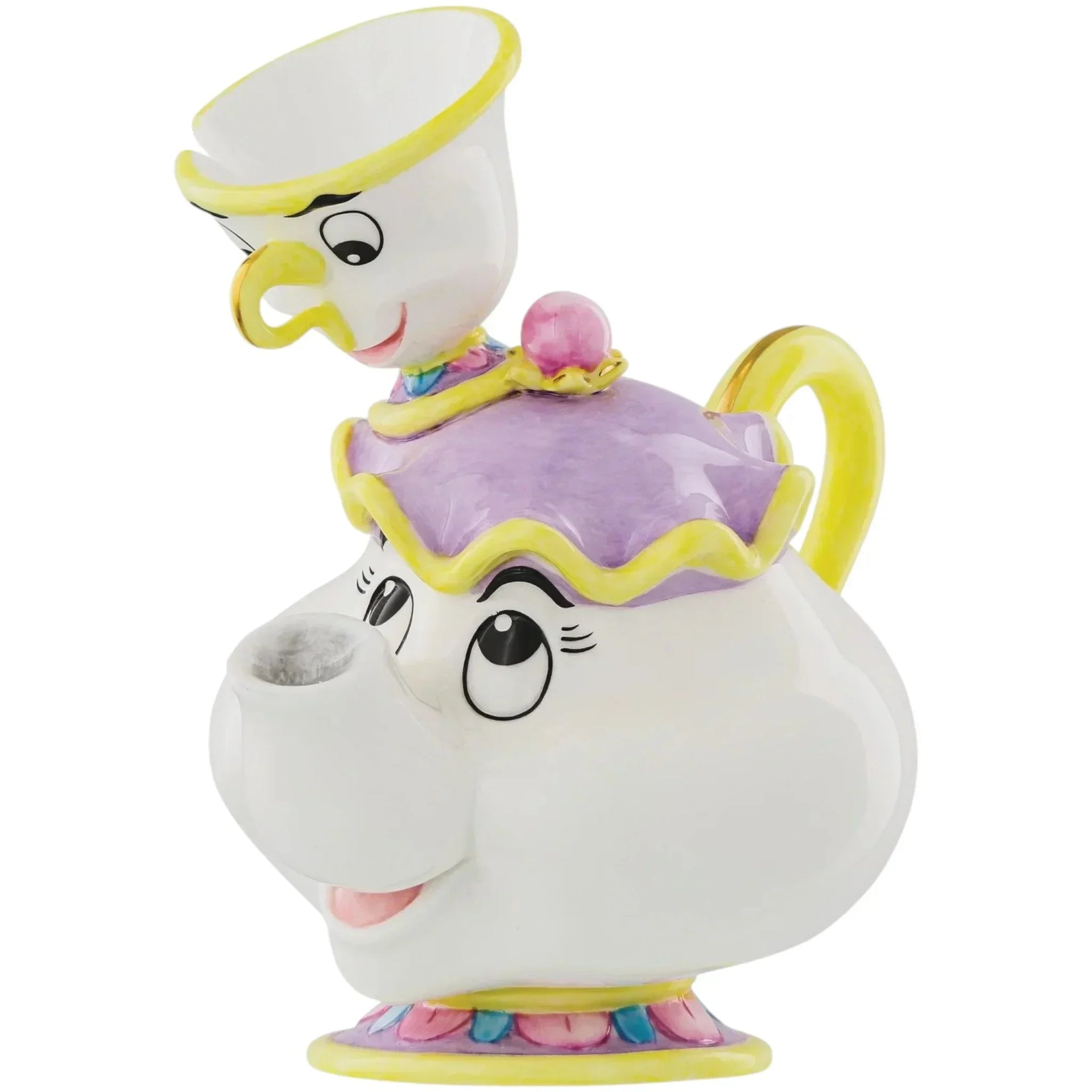 Charming Mrs. Potts and Chip ceramic teapot set, perfect for Disney home decor and vintage kitchen accessories.
