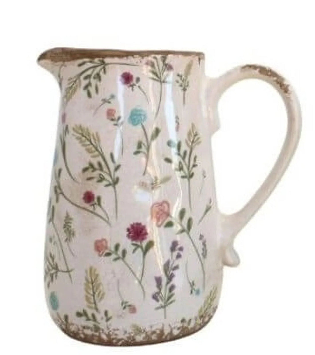Floral ceramic pitcher with vintage wildflower design, perfect for rustic home décor and table settings.