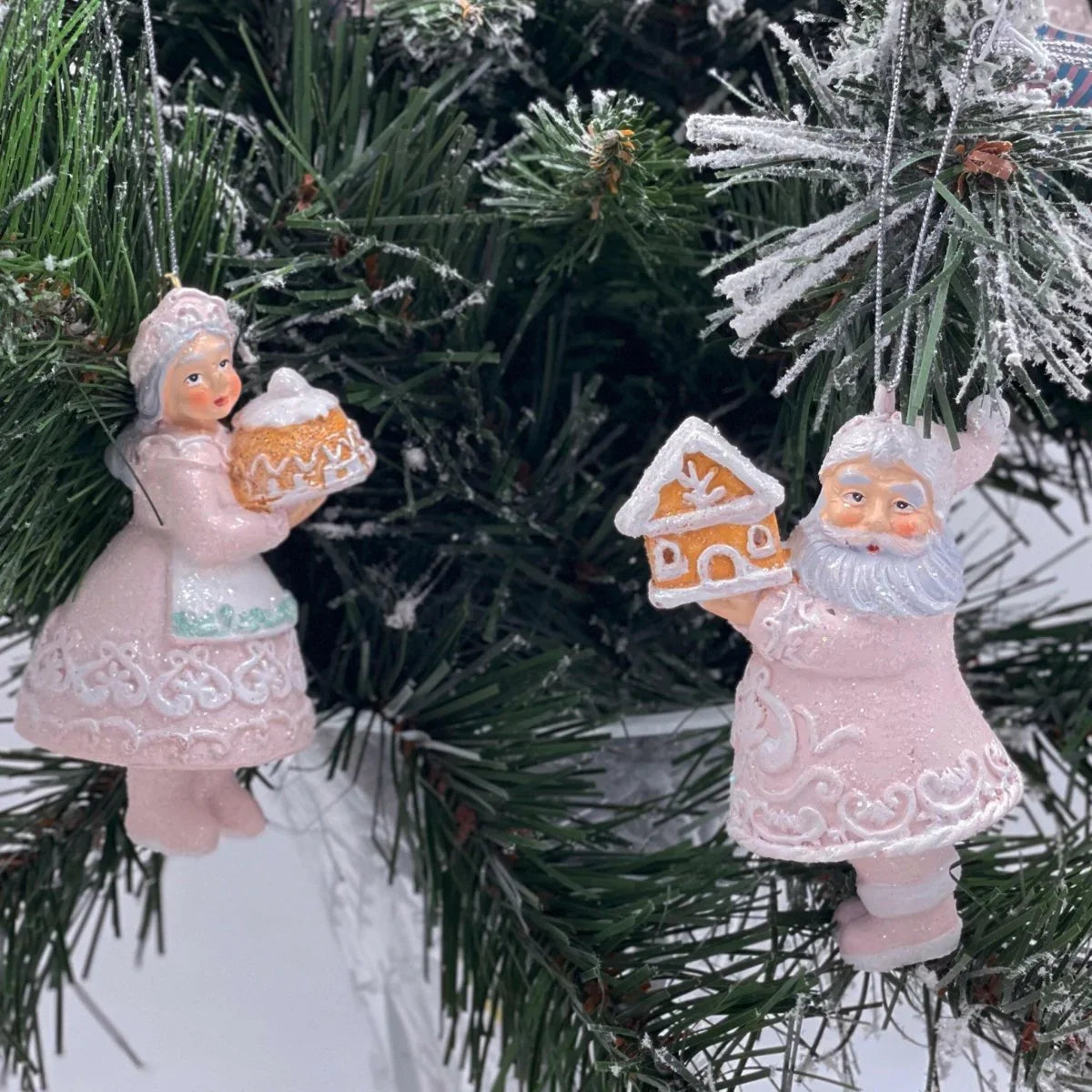 Gingerbread Pink Hanging Mr & Mrs Claus - Exquisite Homewares 