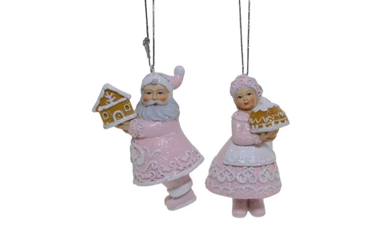 Gingerbread Pink Hanging Mr & Mrs Claus - Exquisite Homewares 