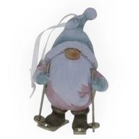 House Journey Gnome Hanging Christmas Tree Ornament on skis with a blue hat and white beard
