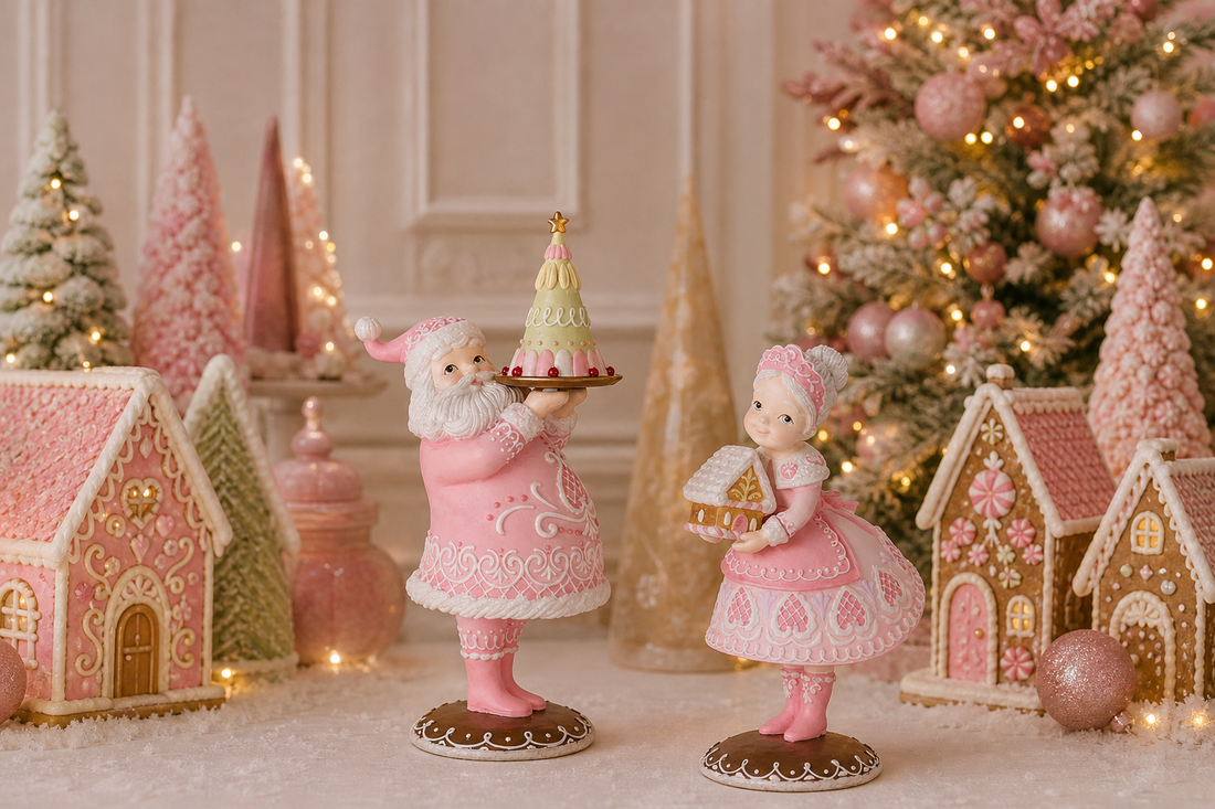 Holly & Ivy pastel pink gingerbread Santa and girl figurines with festive treats.