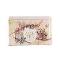 Koala Tea tin with Australian wildlife illustration, featuring koalas and birds on tree branches