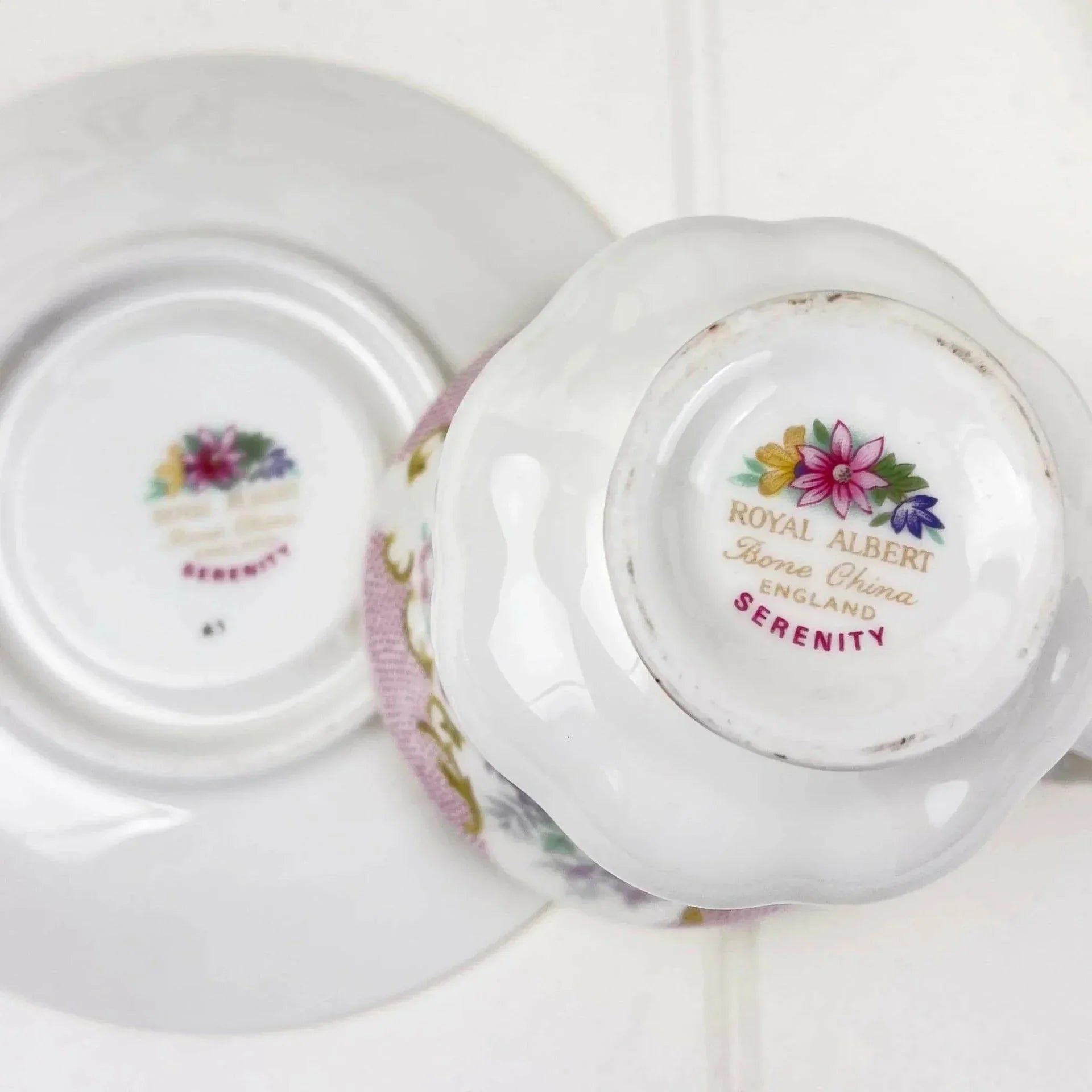 Royal Albert Serenity bone china teacup and saucer set, vintage floral design, England