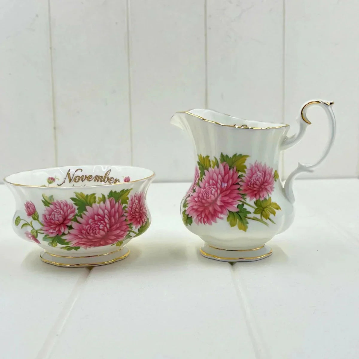 Royal Albert Flower of the Month November Sugar and Creamer Set - Exquisite Homewares 