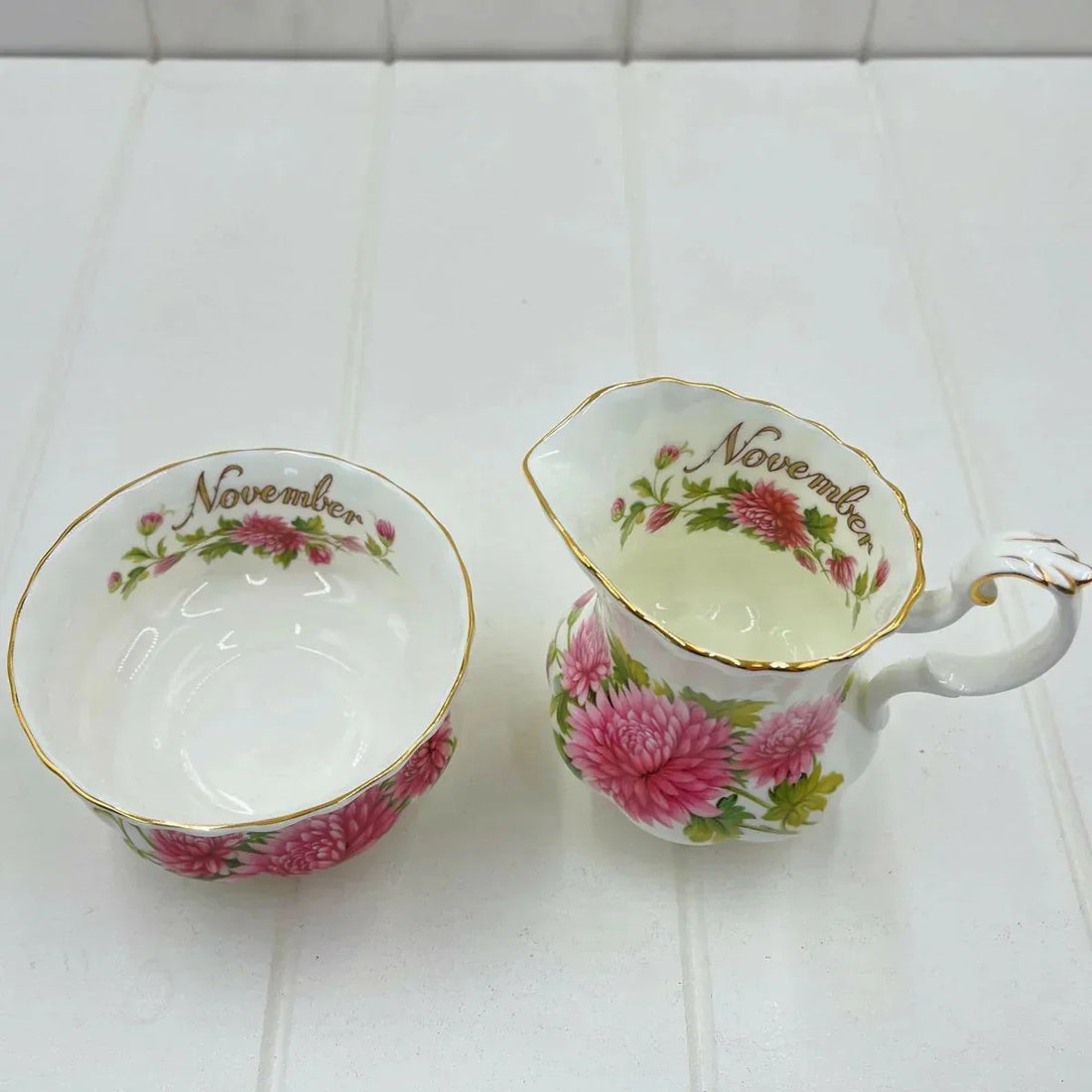 Royal Albert Flower of the Month November Sugar and Creamer Set - Exquisite Homewares 