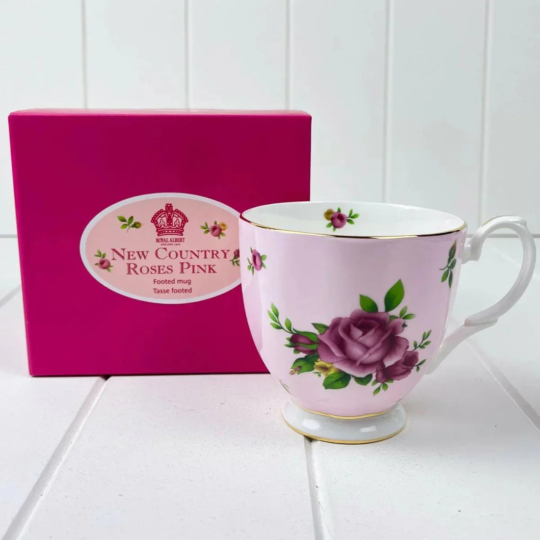 Pink floral footed teacup with rose design, Royal Albert New Country Roses collection, gift boxed
