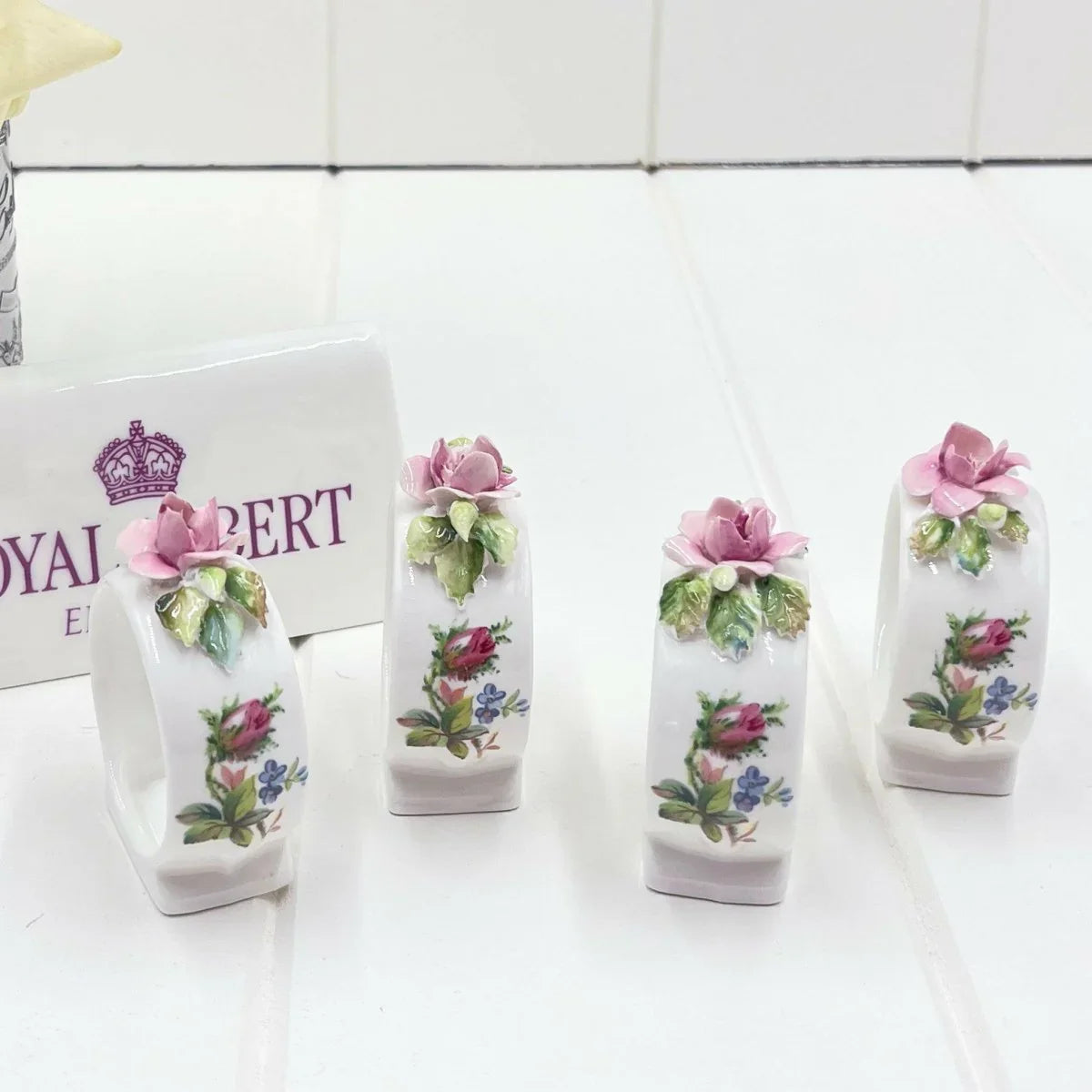 Royal Albert Vintage Moss Rose Set of 4 Napkin Rings - Exquisite Homewares 