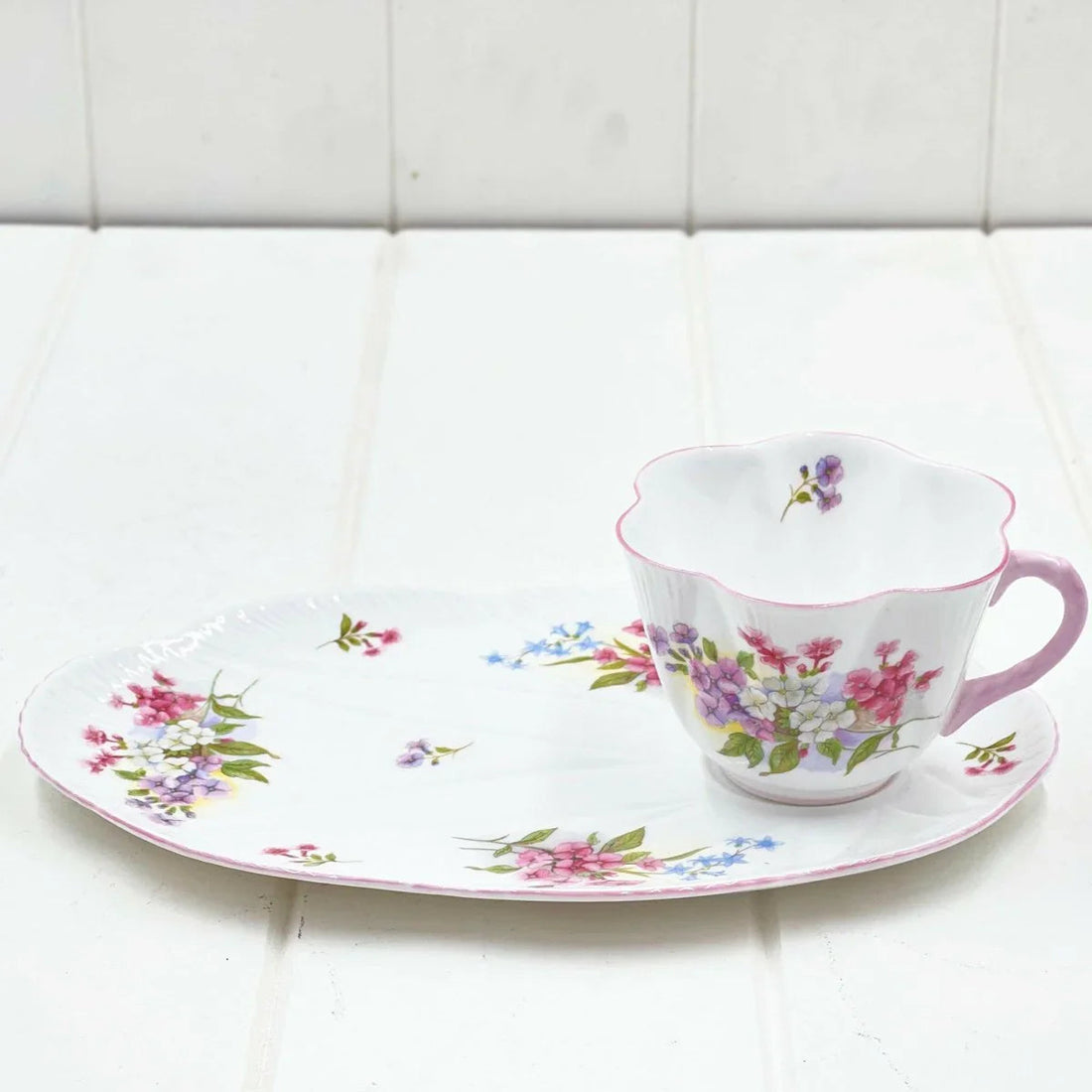 Shelley Dainty Stocks Tennis Plate & Cup - Exquisite Homewares 