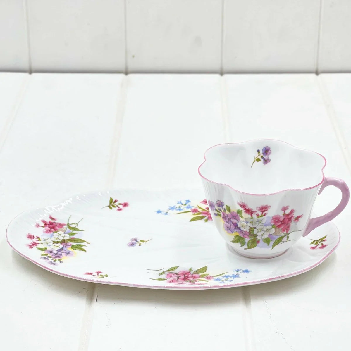 Shelley Dainty Stocks Tennis Plate & Cup - Exquisite Homewares 
