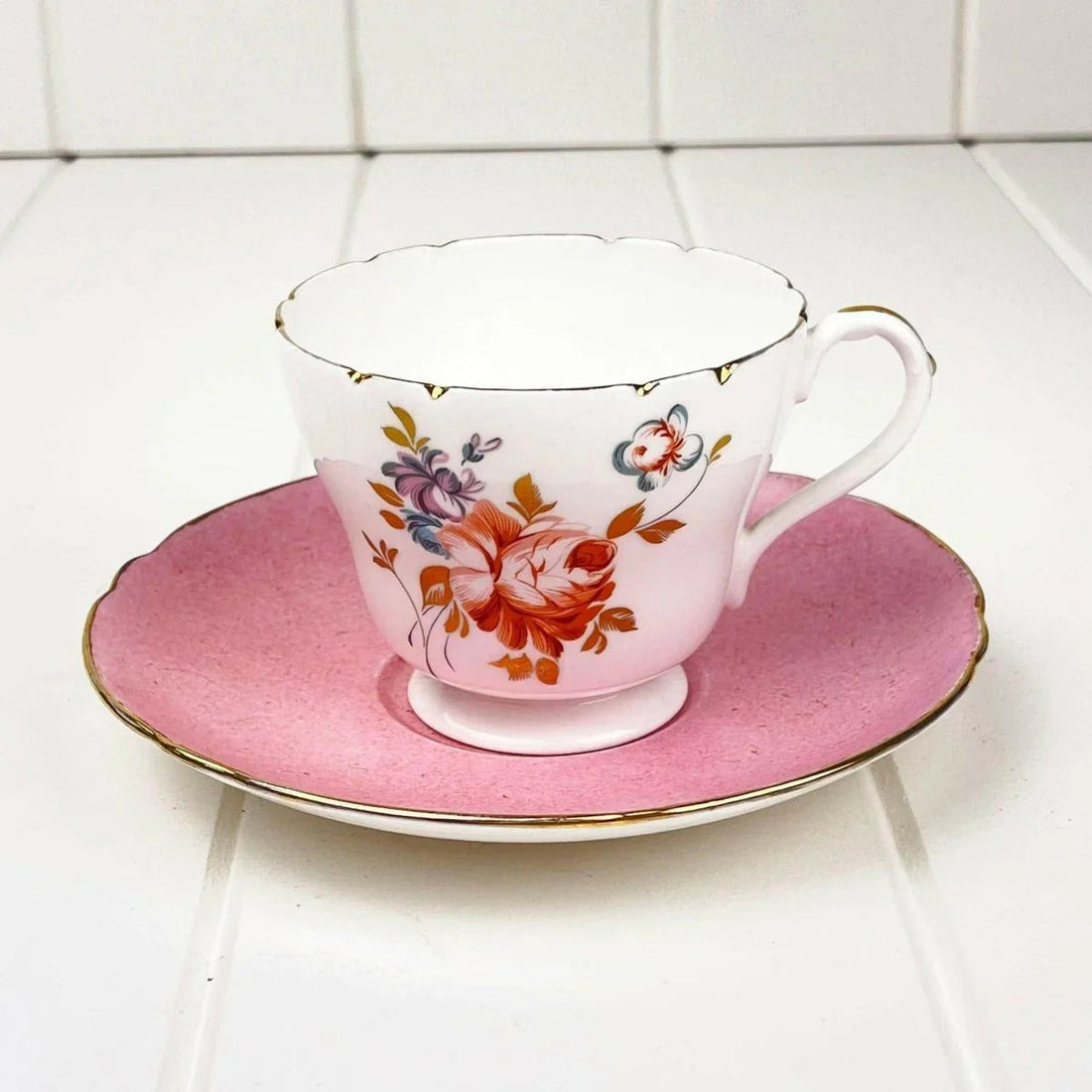 Shelley Un-Named Teacup Duo - Vintage Fine Bone China - Exquisite Homewares 