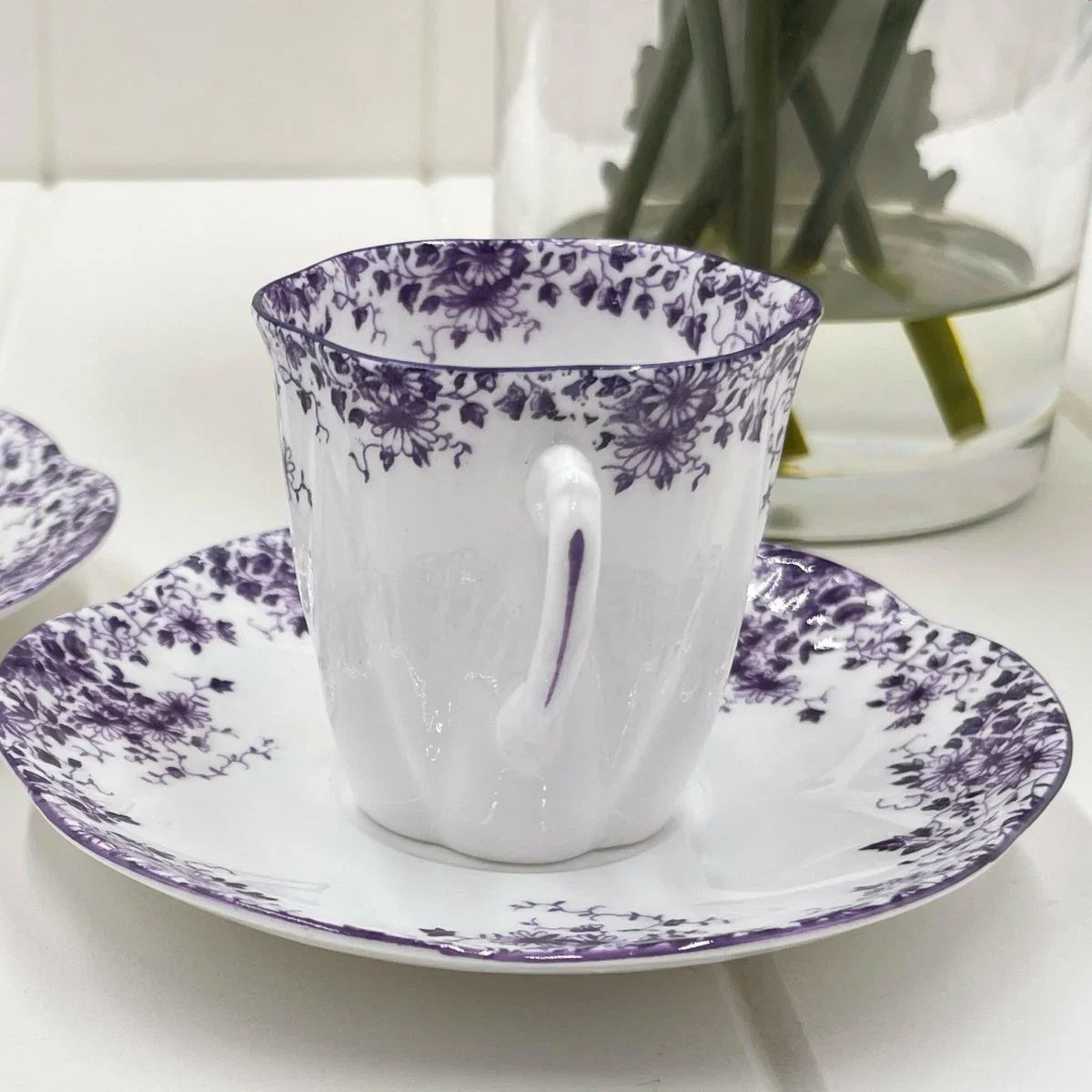Shelley Vintage Dainty Mauve Demitasse Coffee Cup and Saucer Duo - Exquisite Homewares 