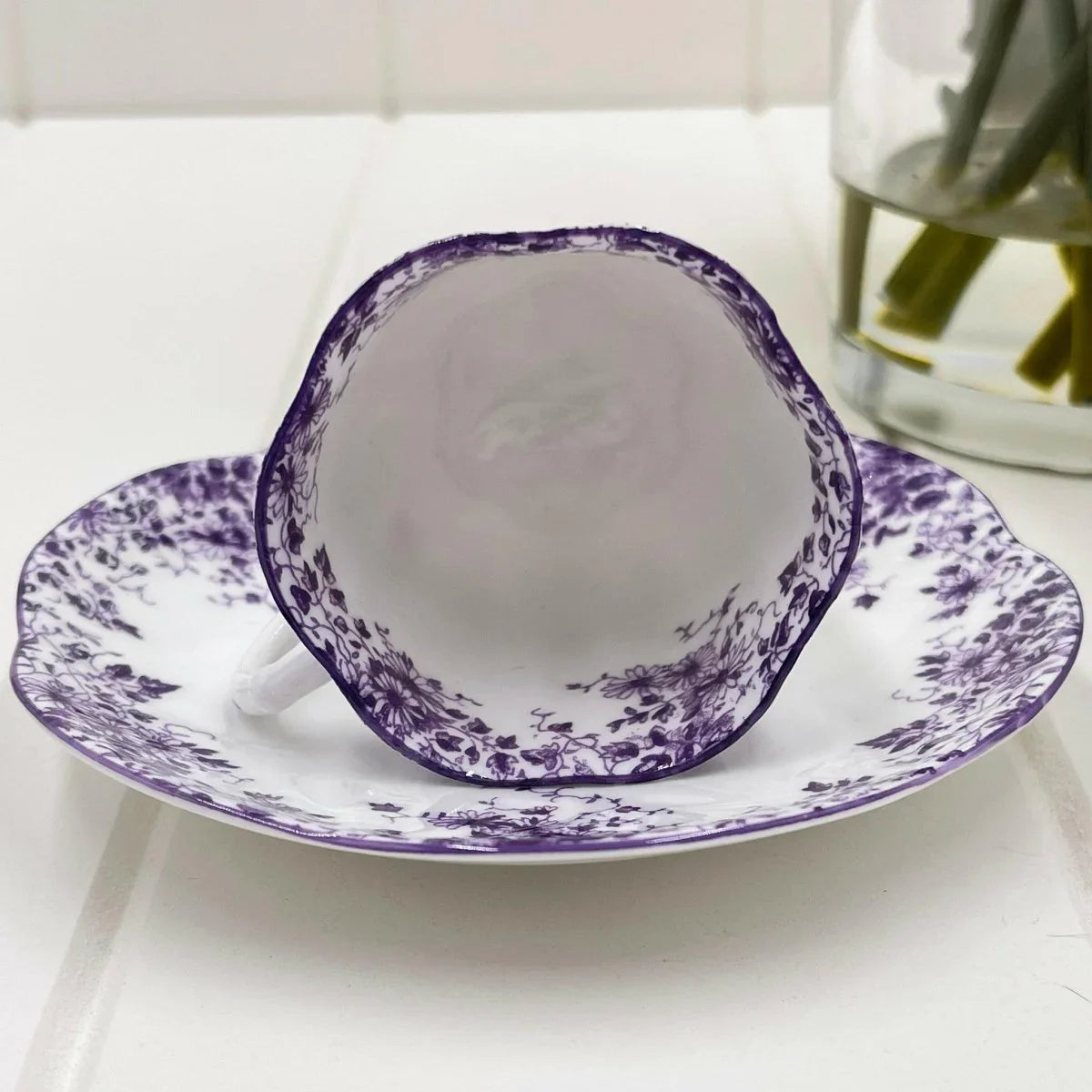 Shelley Vintage Dainty Mauve Demitasse Coffee Cup and Saucer Duo - Exquisite Homewares 