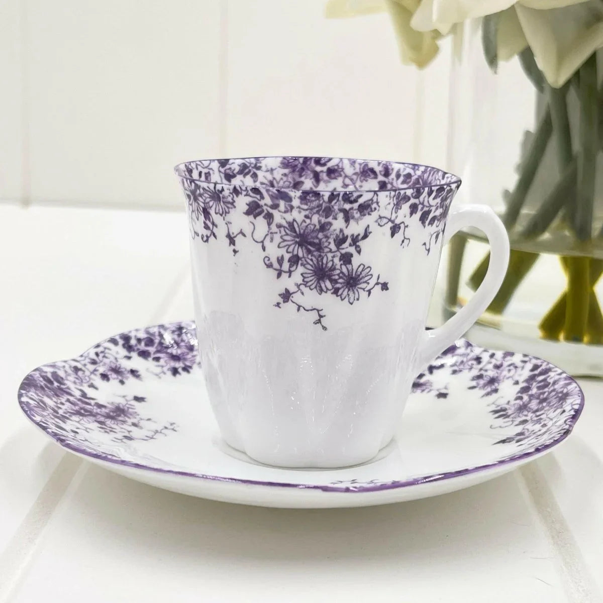 Shelley Vintage Dainty Mauve Demitasse Coffee Cup and Saucer Duo - Exquisite Homewares 