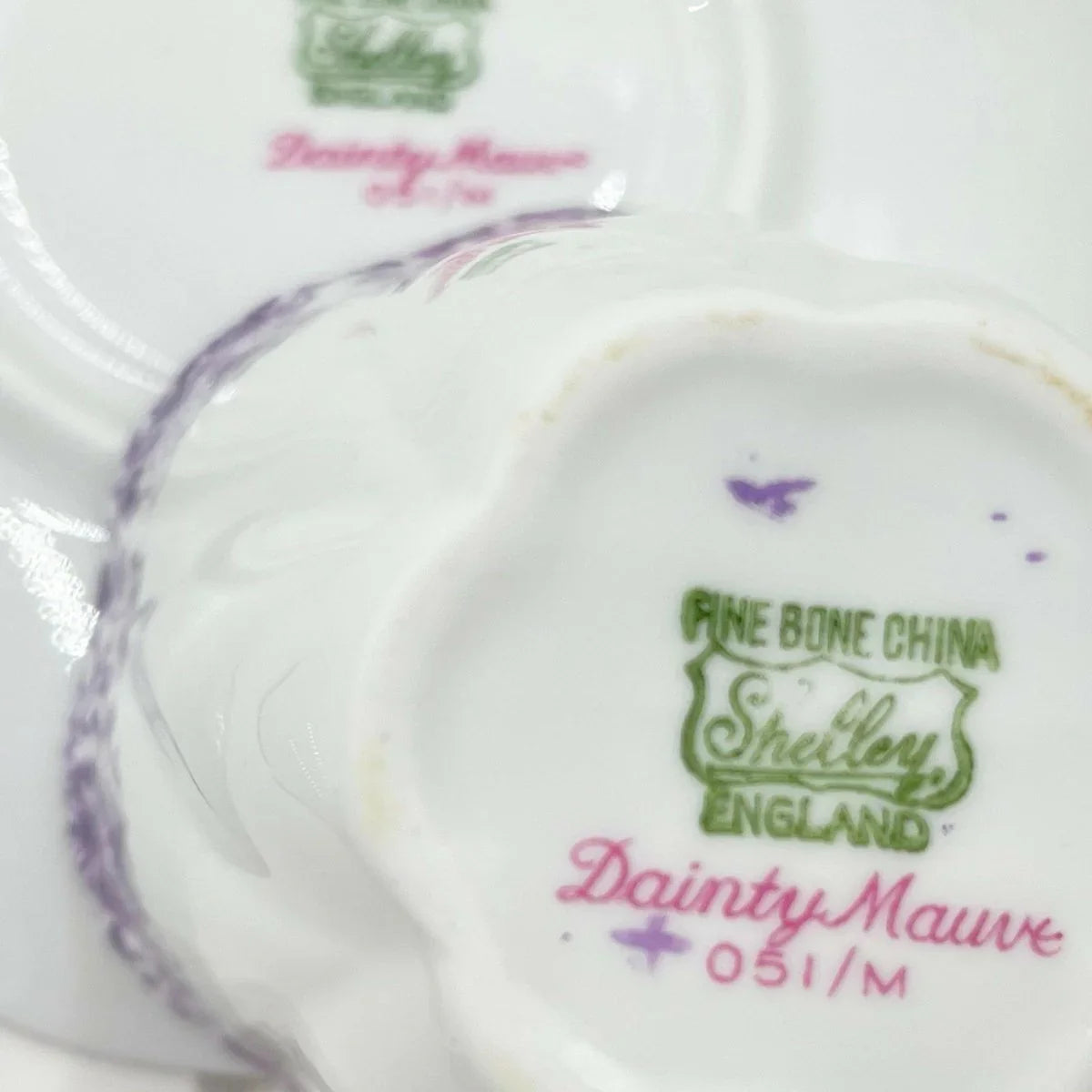 Shelley Vintage Dainty Mauve Demitasse Coffee Cup and Saucer Duo - Exquisite Homewares 