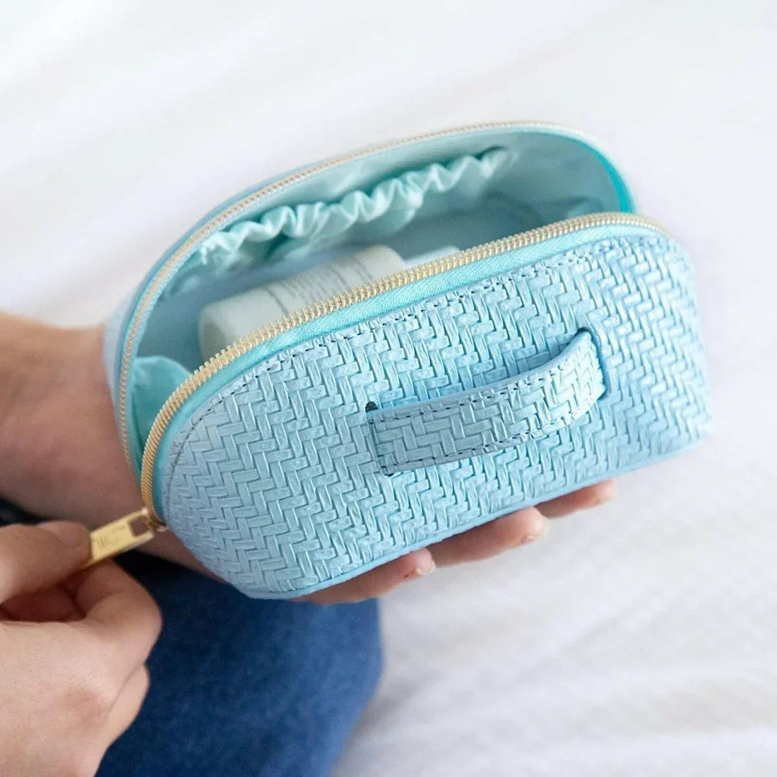 Small Beauty Bag - Herringbone Bluebell - Exquisite Homewares 