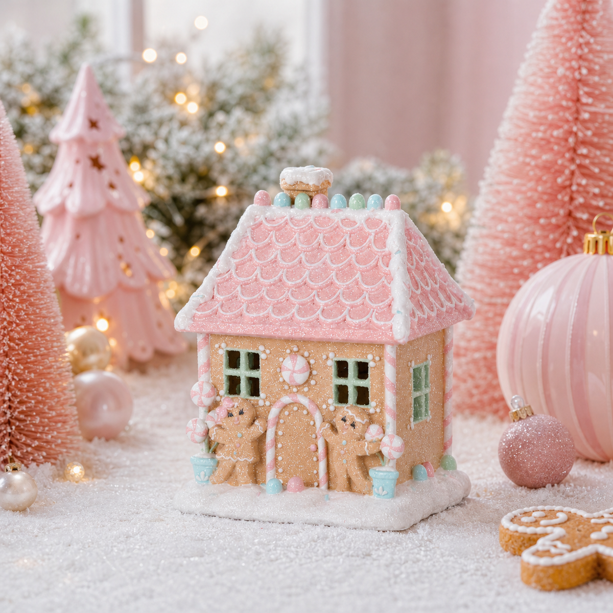 Holly & Ivy LED Piped Pastel Gingerbread Cottage in a snowy pink Christmas scene
