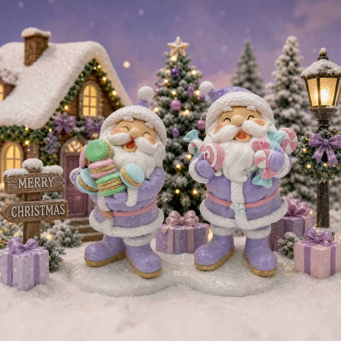 Two Cotton Candy brand pastel purple Santa figurines with macarons and candy canes in a winter scene