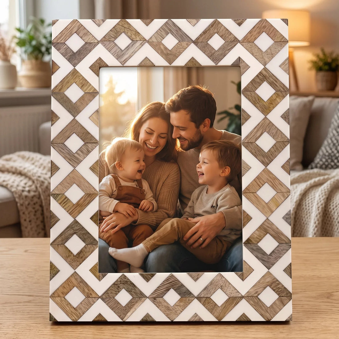 Wooden photo frame with geometric pattern, displaying a happy family photo, perfect for home décor