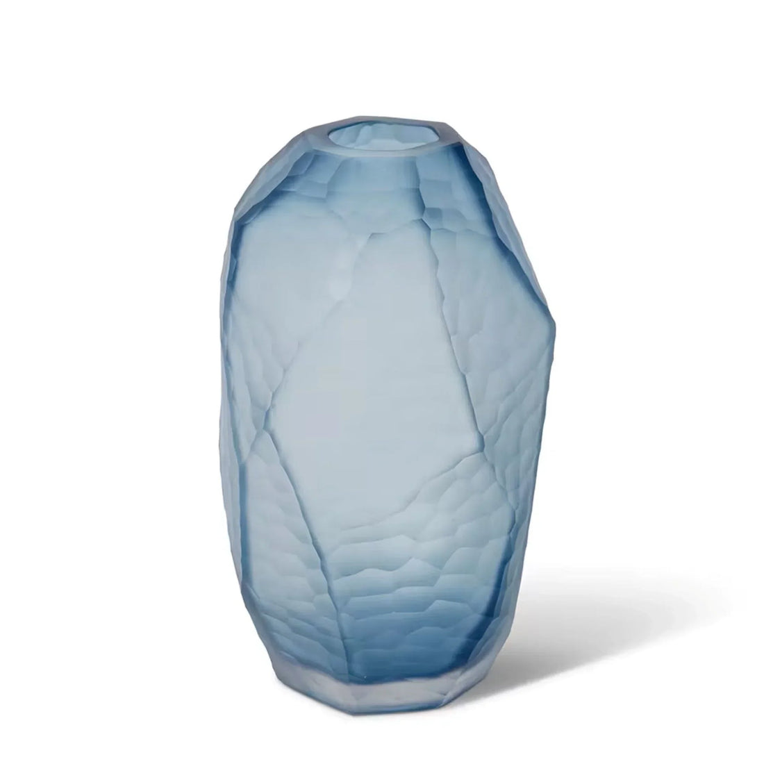 Faceted blue glass vase with geometric texture, modern home decor accent piece