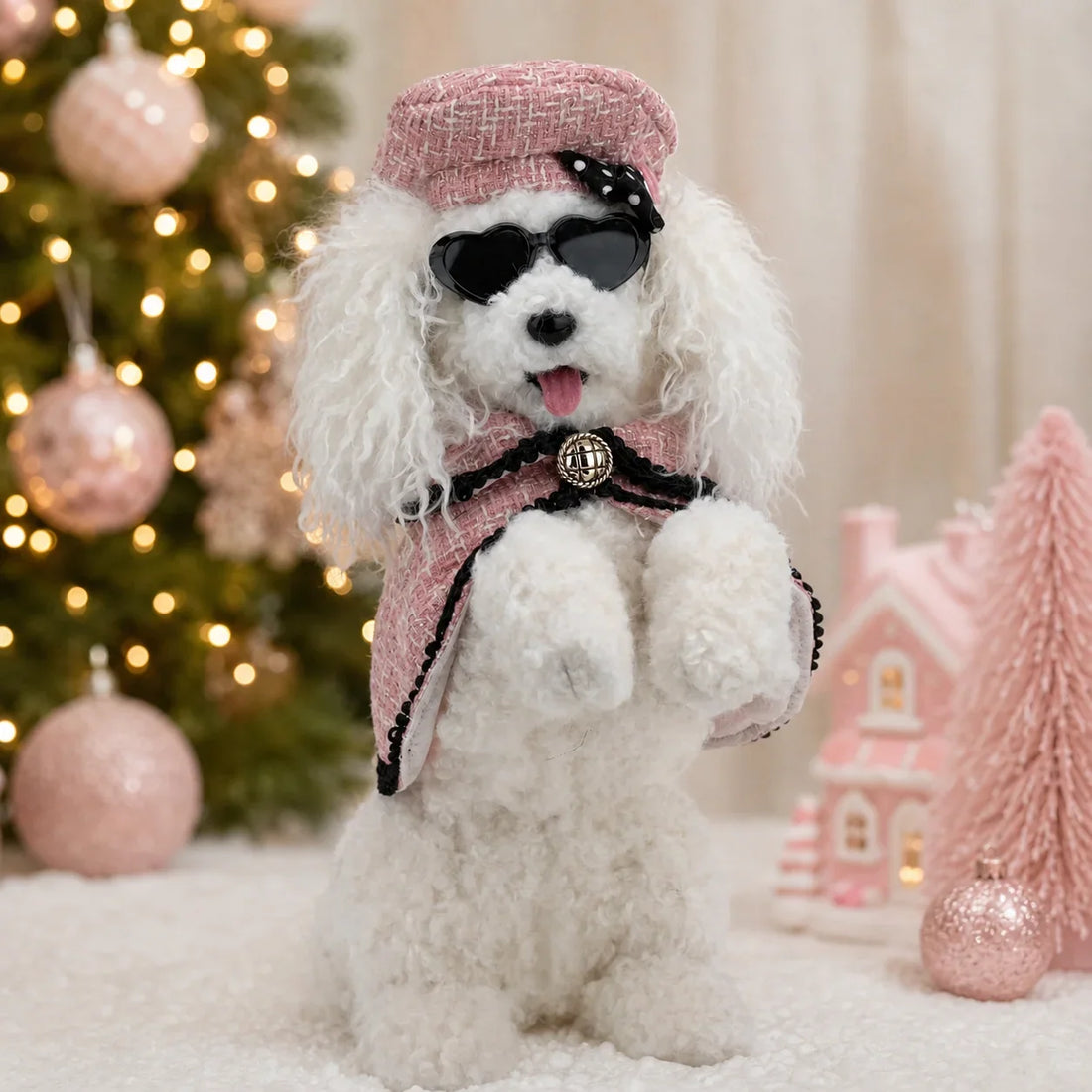 White poodle wearing a Theatre pink tweed cape, matching hat, and sunglasses by a Christmas tree.