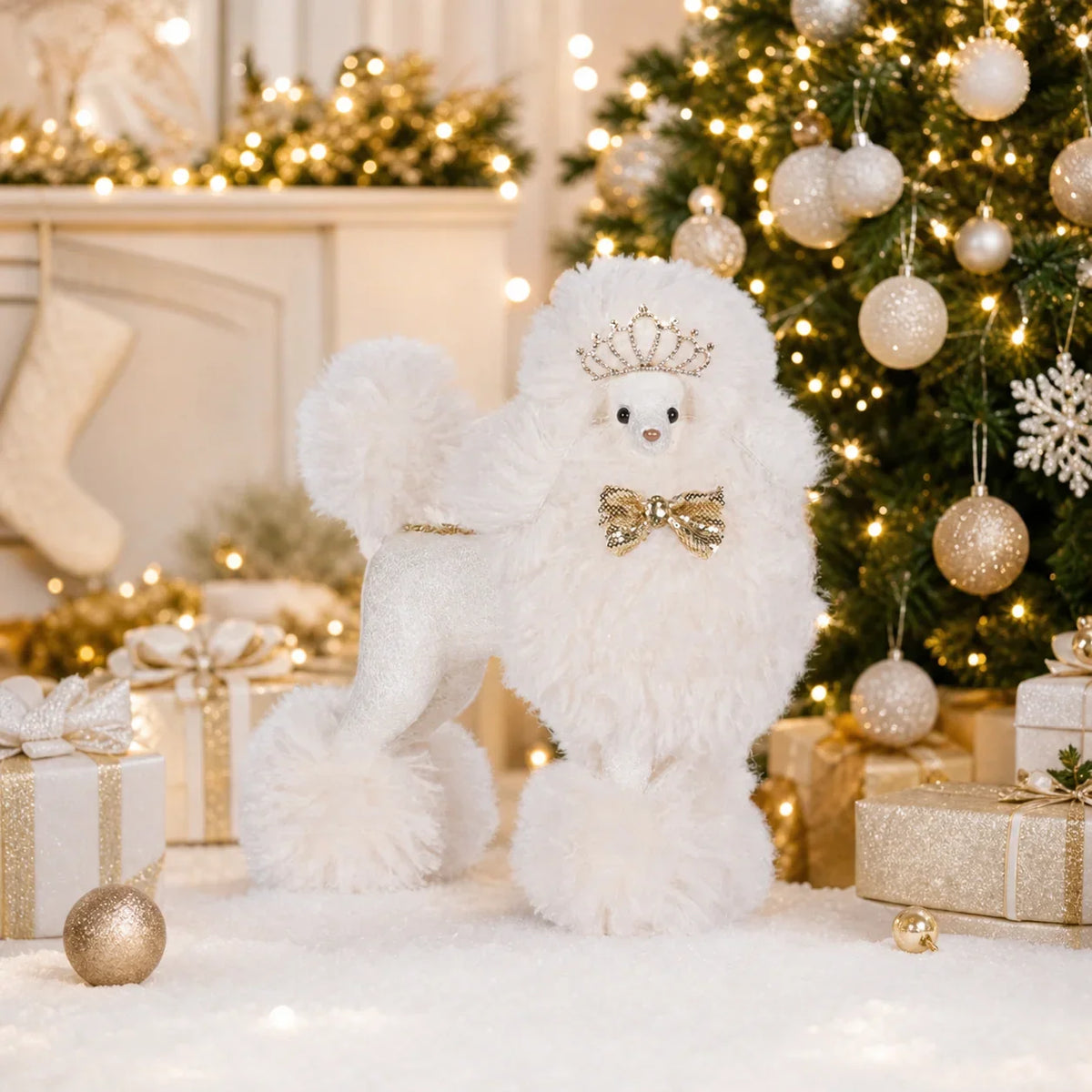 Holly & Ivy White Princess Poodle figurine with tiara and gold bow in a festive holiday setting