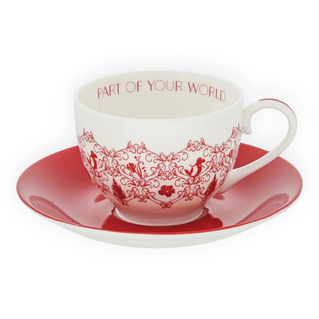 White teacup with red mermaid design & 'PART OF YOUR WORLD' text, on red saucer — elegant home décor