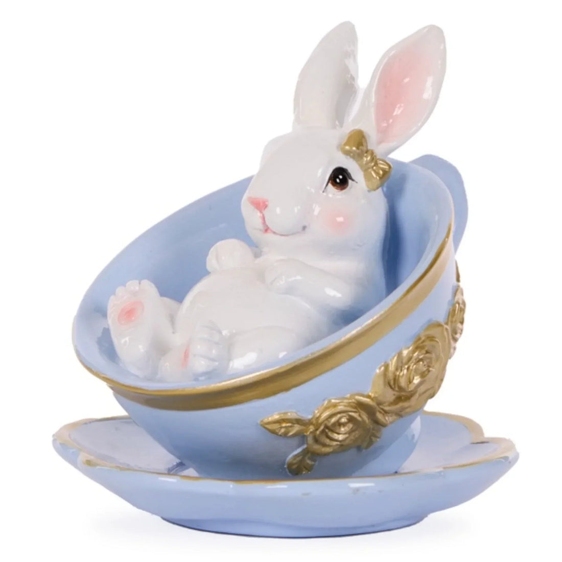 White bunny figurine in blue teacup with gold roses, cute home decor accent