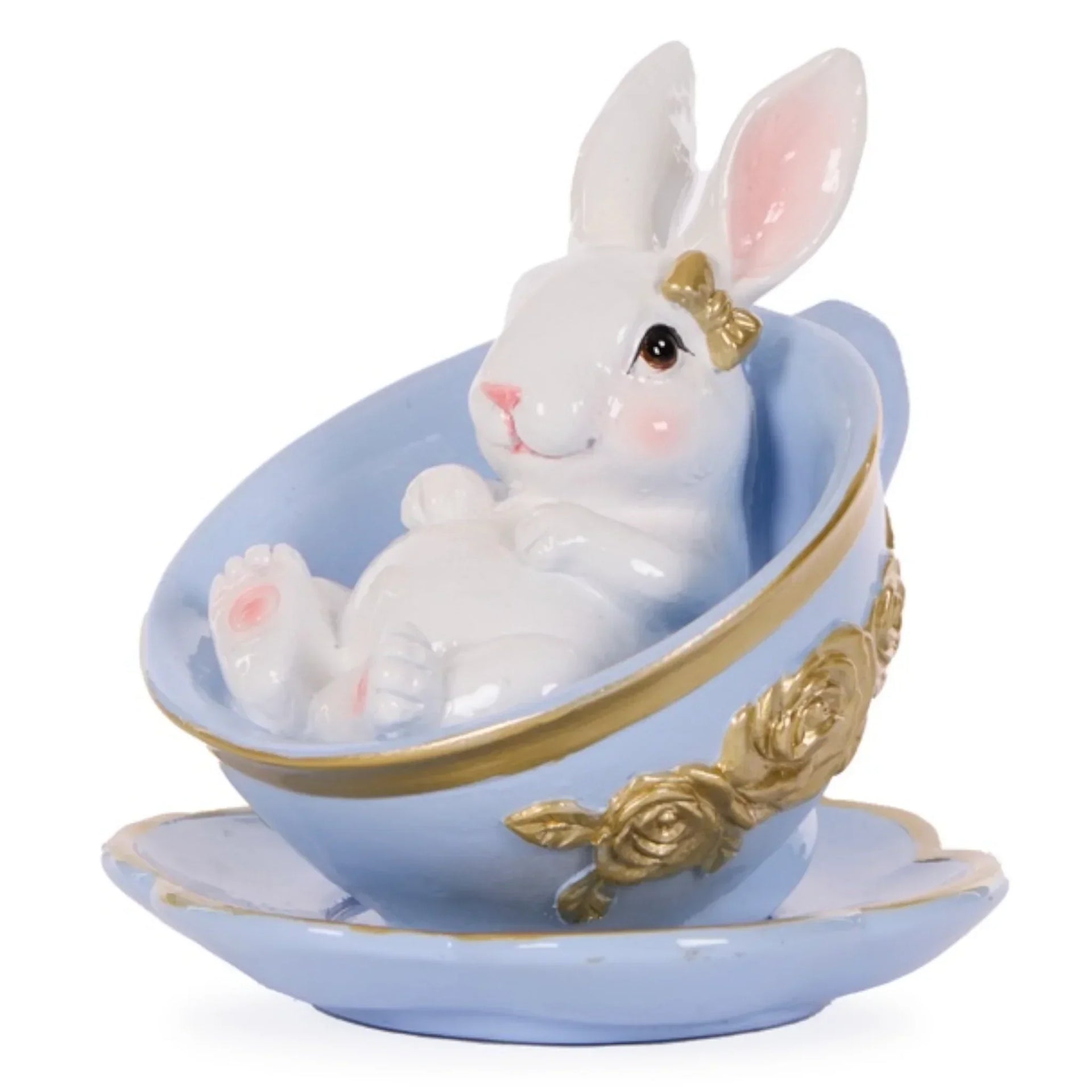 White bunny figurine in blue teacup with gold roses, cute home decor accent