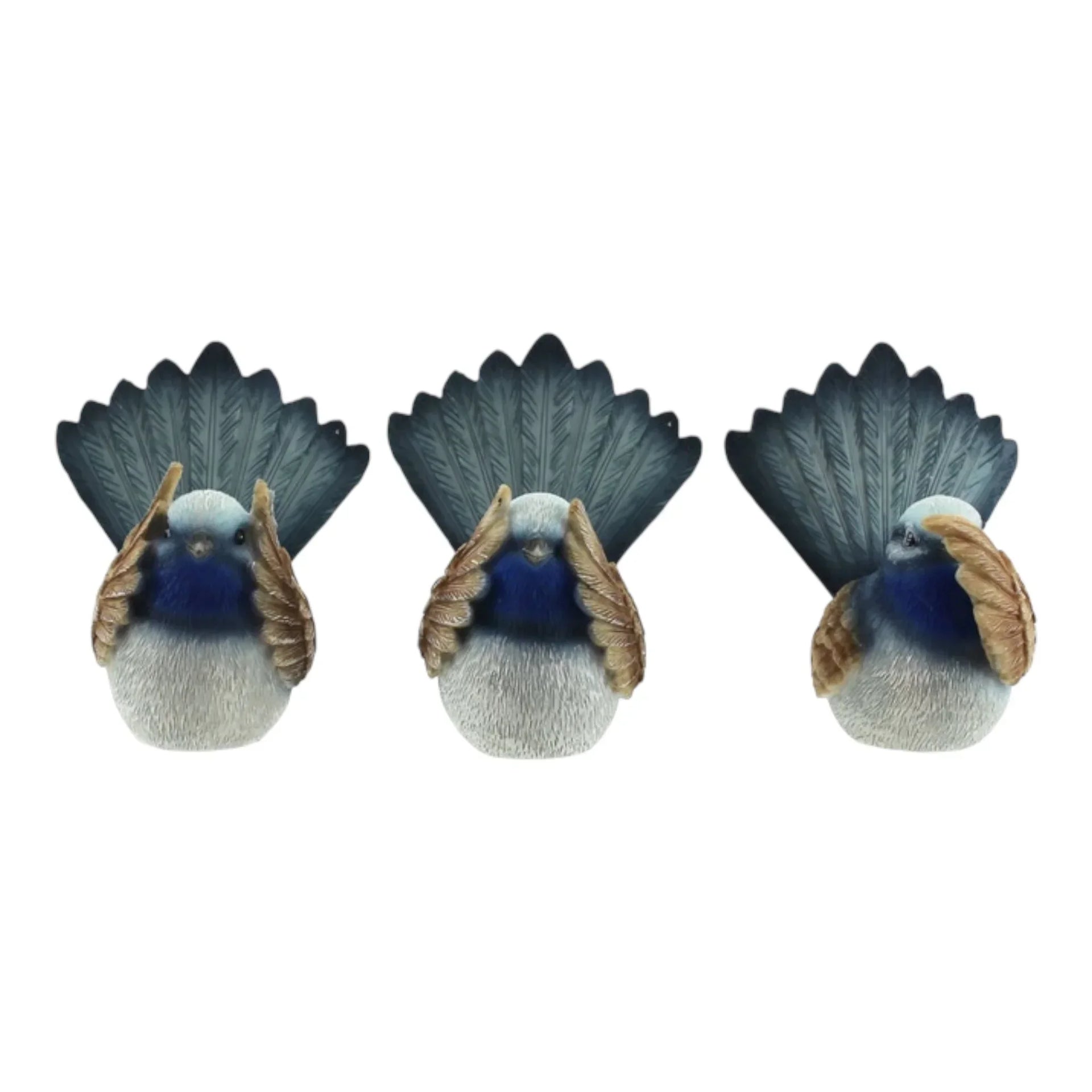 Three blue and grey bird figurines with fanned tails, home décor accents