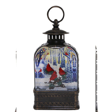Lantern with LED Lights and Cardinals in Snow