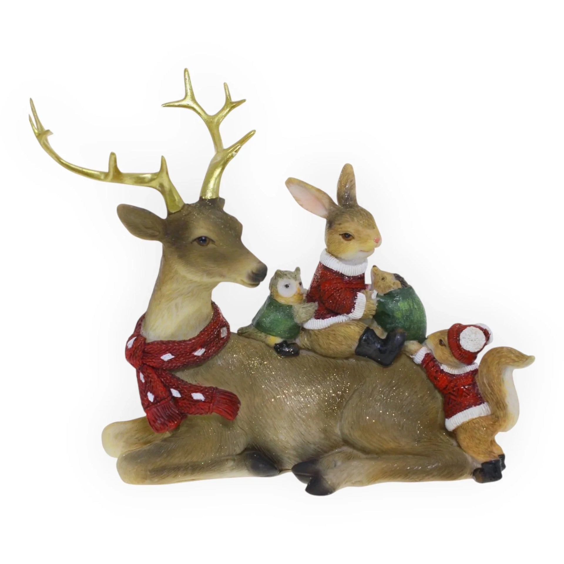 Festive deer figurine with golden antlers, red scarf, and woodland animals in holiday sweaters for Christmas home decor