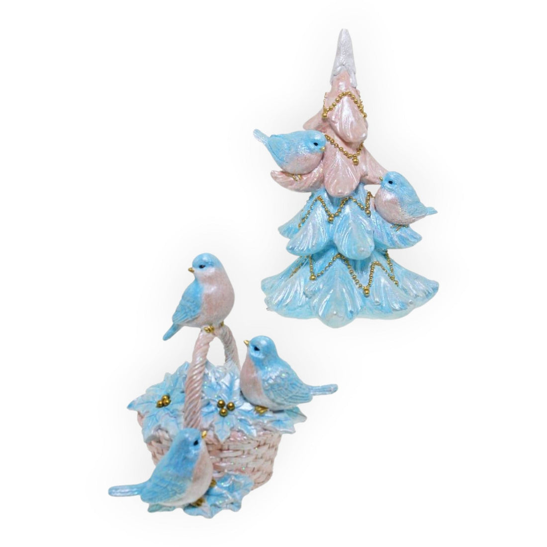 Pink & Blue Birds in a Tree or Basket