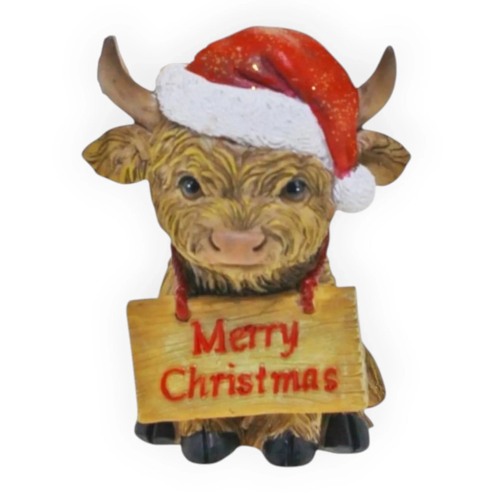 Cute Highland cow figurine wearing Santa hat, holding Merry Christmas sign, festive home décor