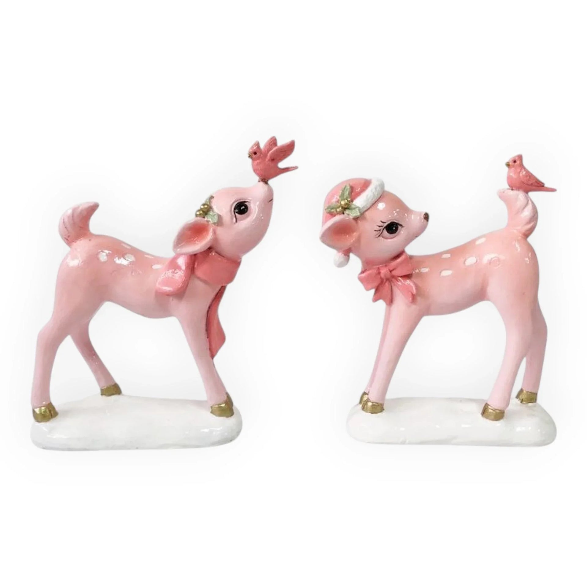 Pink deer figurines with birds, holiday home decor, vintage style accents