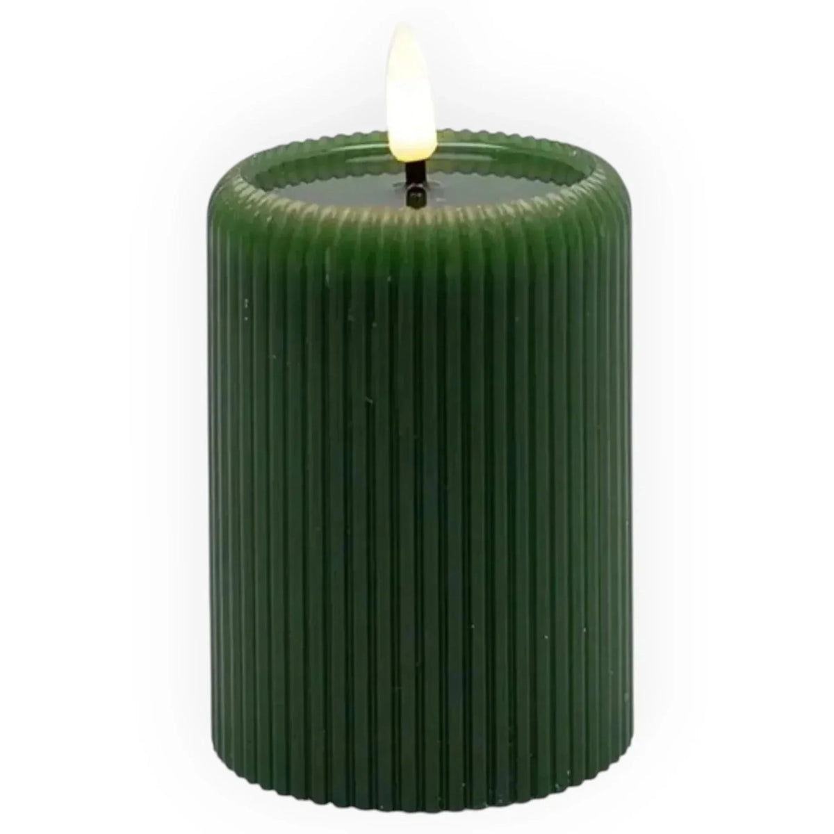 Coast to Coast LED flameless green ribbed pillar candle with flickering flame tip