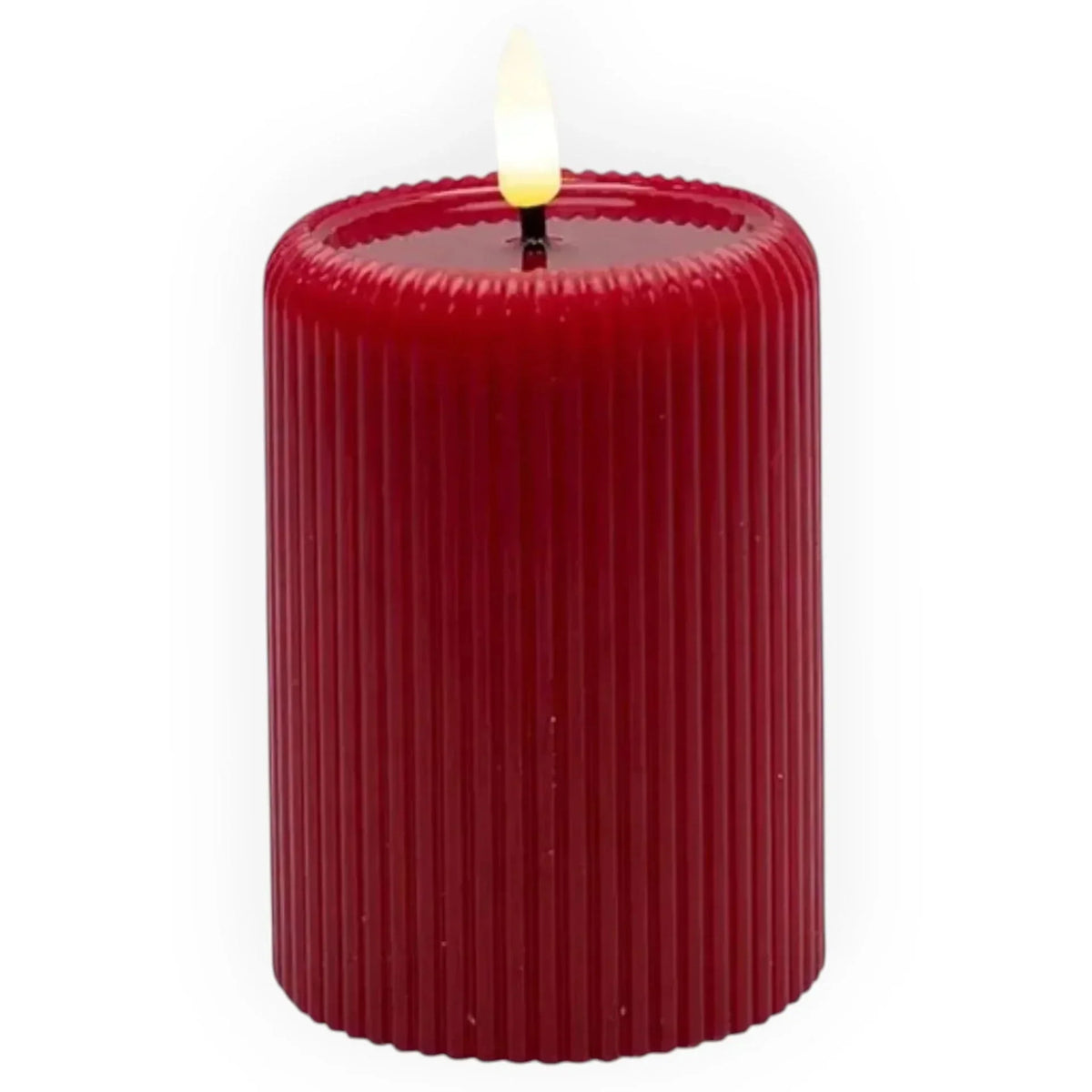 Coast to Coast red LED flameless pillar candle with ribbed texture and glowing flame