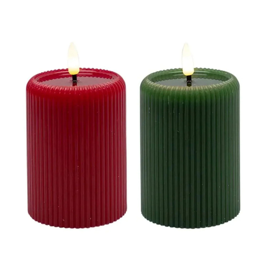 Red and green ribbed LED candles for home décor, festive ambiance