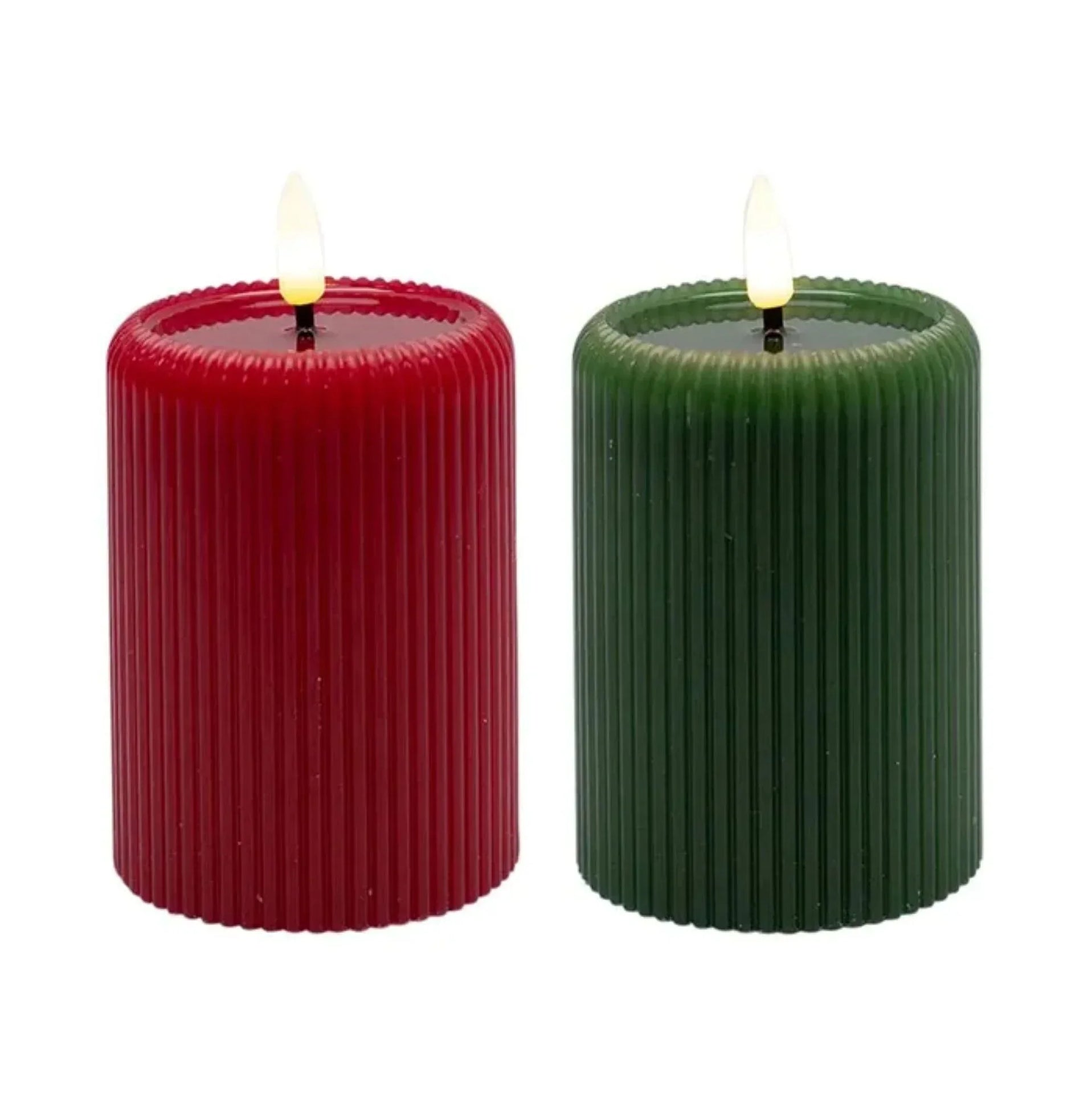 Red and green ribbed LED candles for home décor, festive ambiance