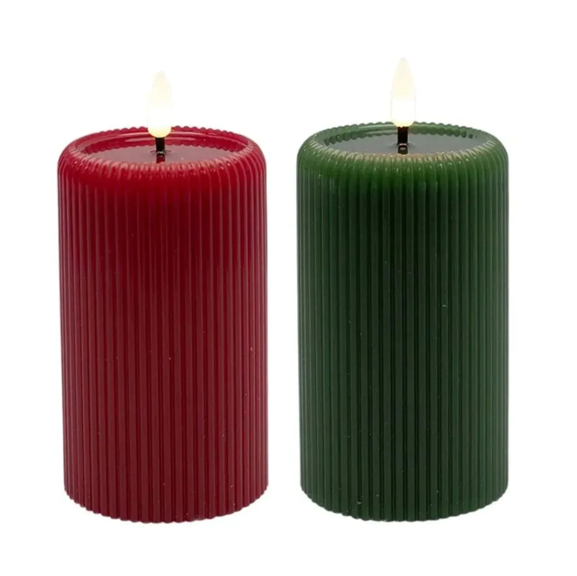 Red and green ribbed LED candles for home décor
