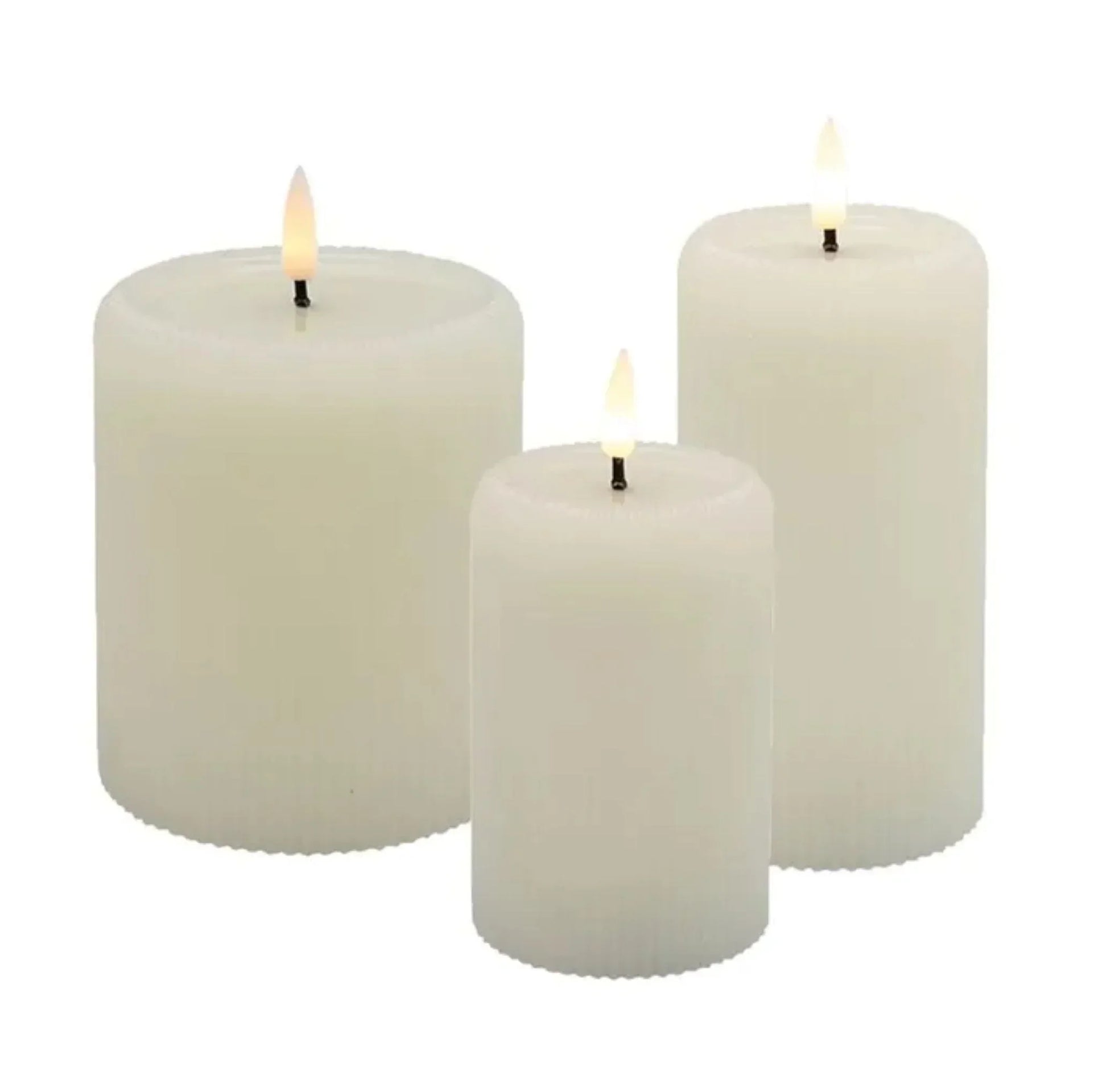 Set of three white LED pillar candles for home décor and ambiance lighting